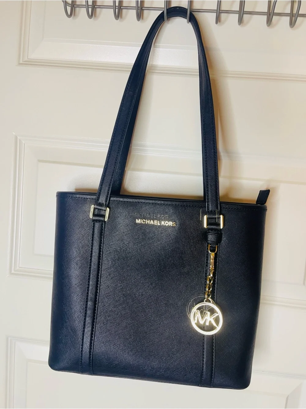 Michael Kors | Black Saffiano Leather Tote  with Gold MK Logo Charm